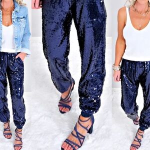 Sequin Jogger Pants - Navy